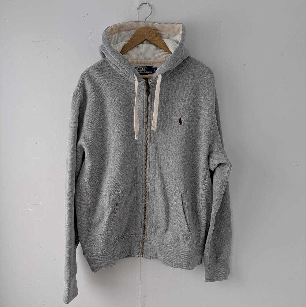 Vintage Polo Ralph Lauren Light Grey Zip-Up Hoodie Waffle Knit Hood Size Large